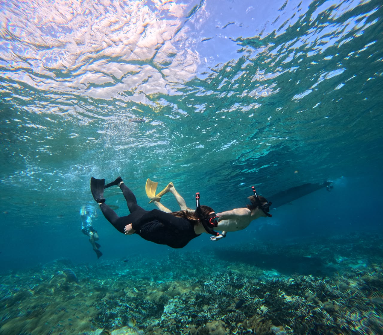 Couple snorkeling together in clear water