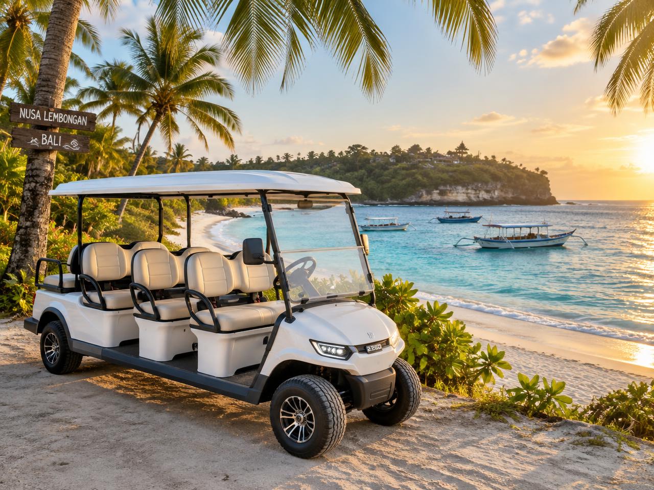 Six-seat buggy parked by a beach in Nusa Lembongan
